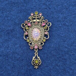 Vintage Sarah Coventry Contessa Brooch Pendant Pin Filigree Crown Pink Opal